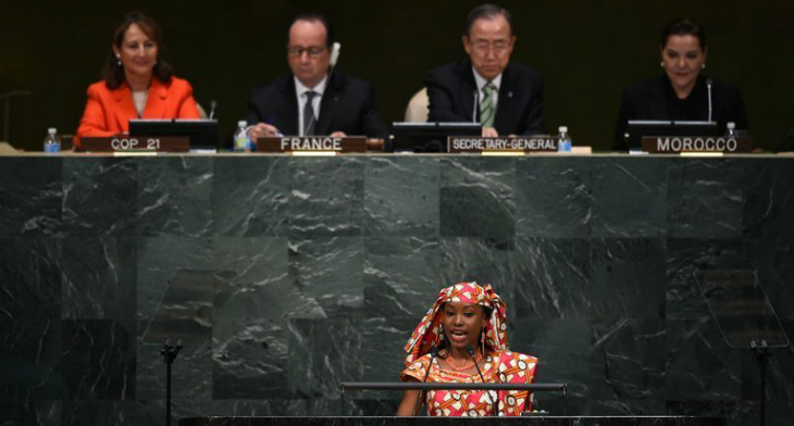 Hindou Oumarou Ibrahim spoke at the United Nations in April 2016 before the signing of the Paris climate accord.